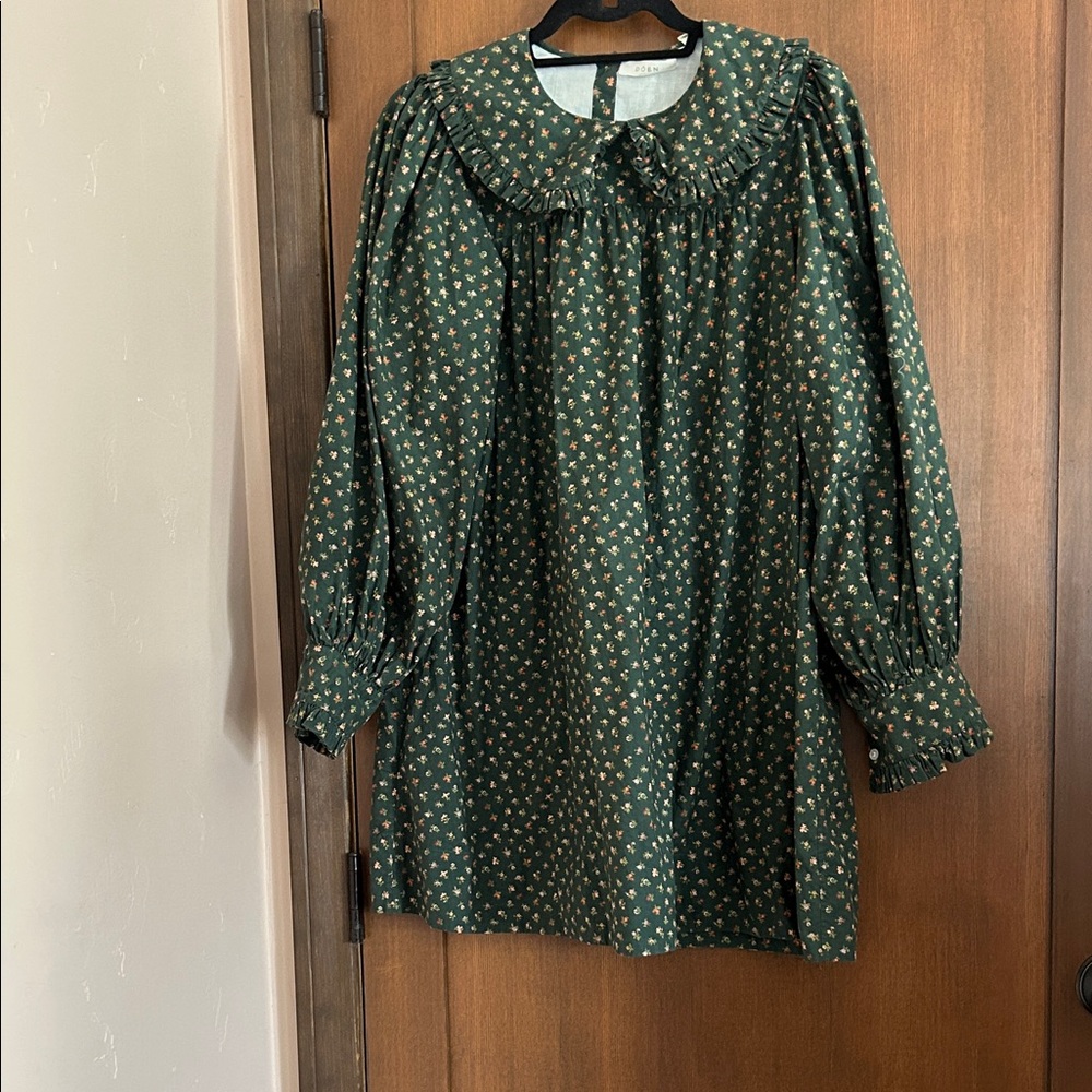 Dôen Green Floral Peasant Dress with Ruffled Collar 2X